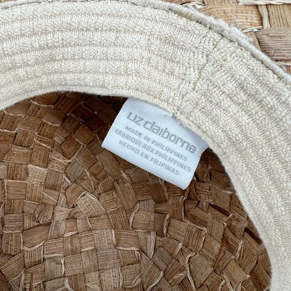 Vintage Liz Claiborne Wide Brim Woven Straw Sun Hat Brown Two-Tone Tassel Band - Picture 4 of 5